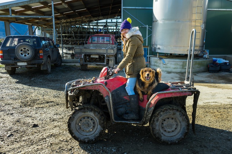 Woman and dog on farm quad bike